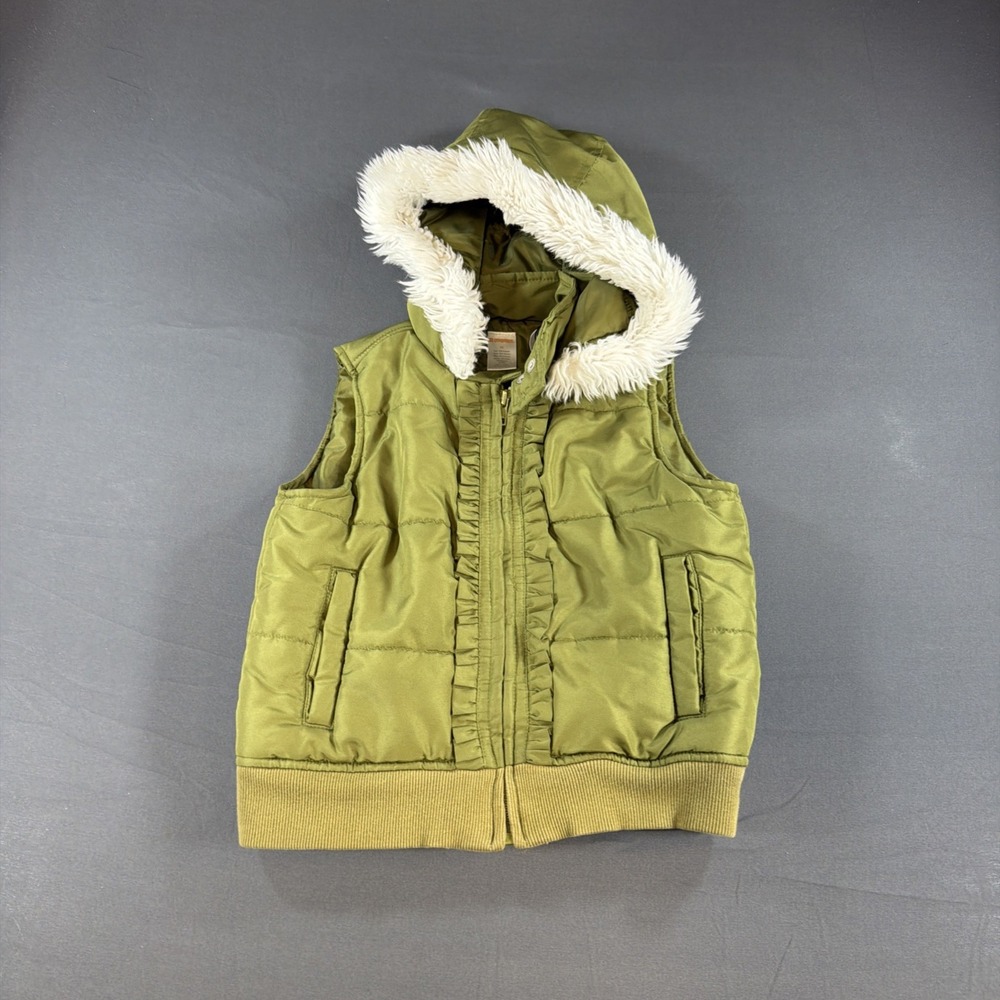 olive green puffer vest with a white faux-fur trimmed hood Medium